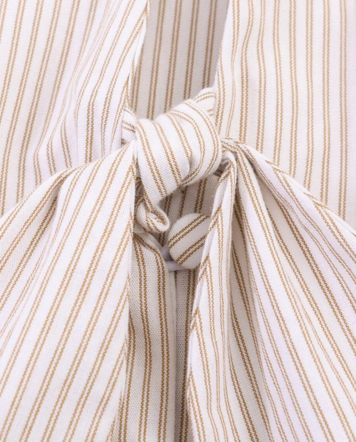 Beige Stripe Double Tie Neck Puff 3/4 Sleeve Blouse