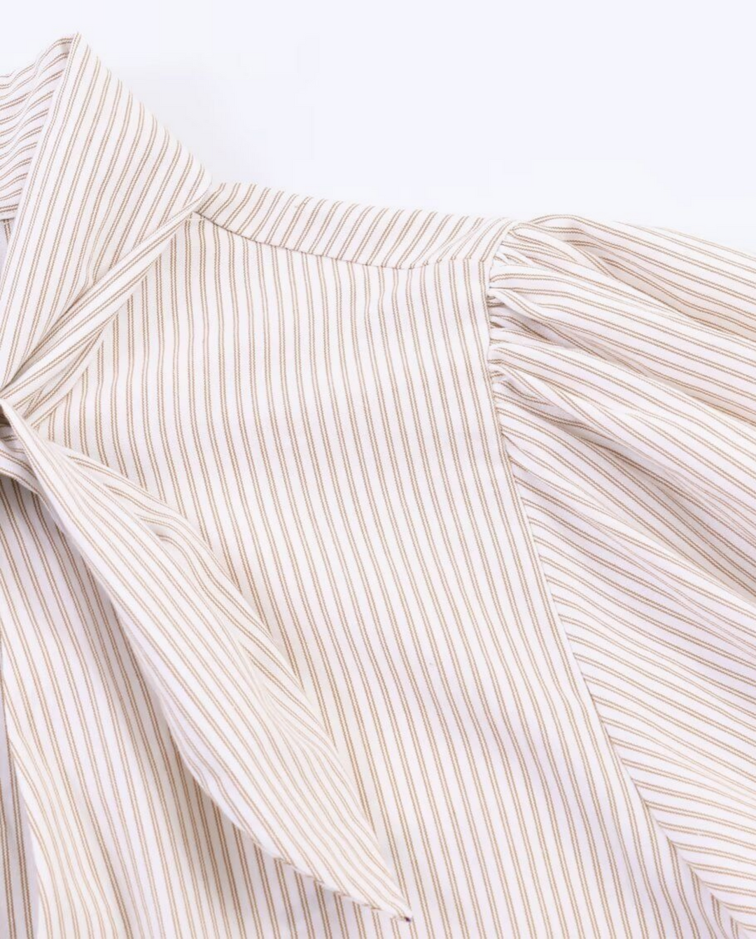 Beige Stripe Double Tie Neck Puff 3/4 Sleeve Blouse