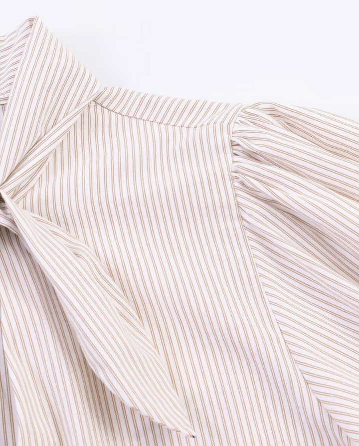 Beige Stripe Double Tie Neck Puff 3/4 Sleeve Blouse