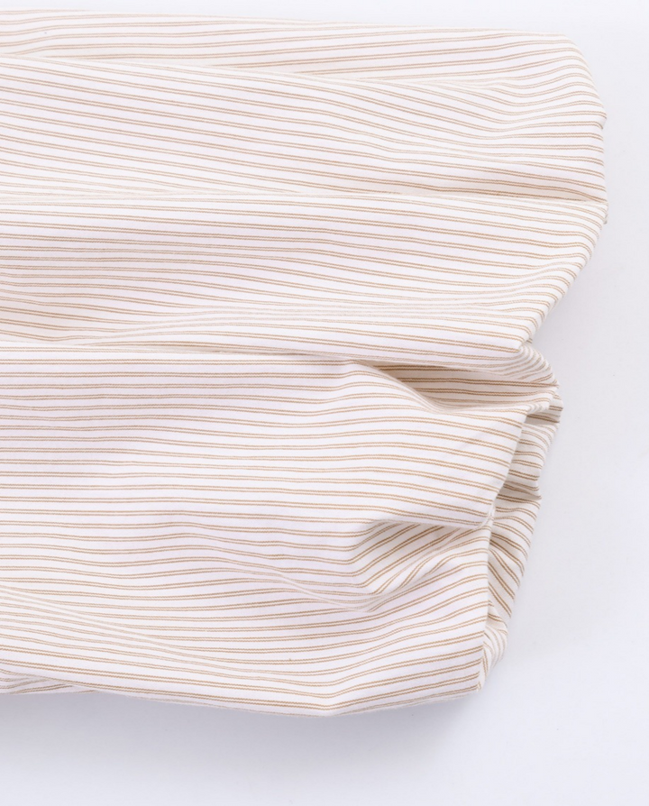 Beige Stripe Double Tie Neck Puff 3/4 Sleeve Blouse