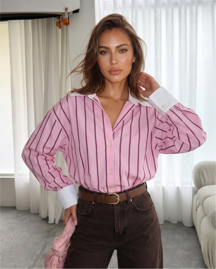Pink Stripe Contrast White Collar Cuff Oversized Shirt