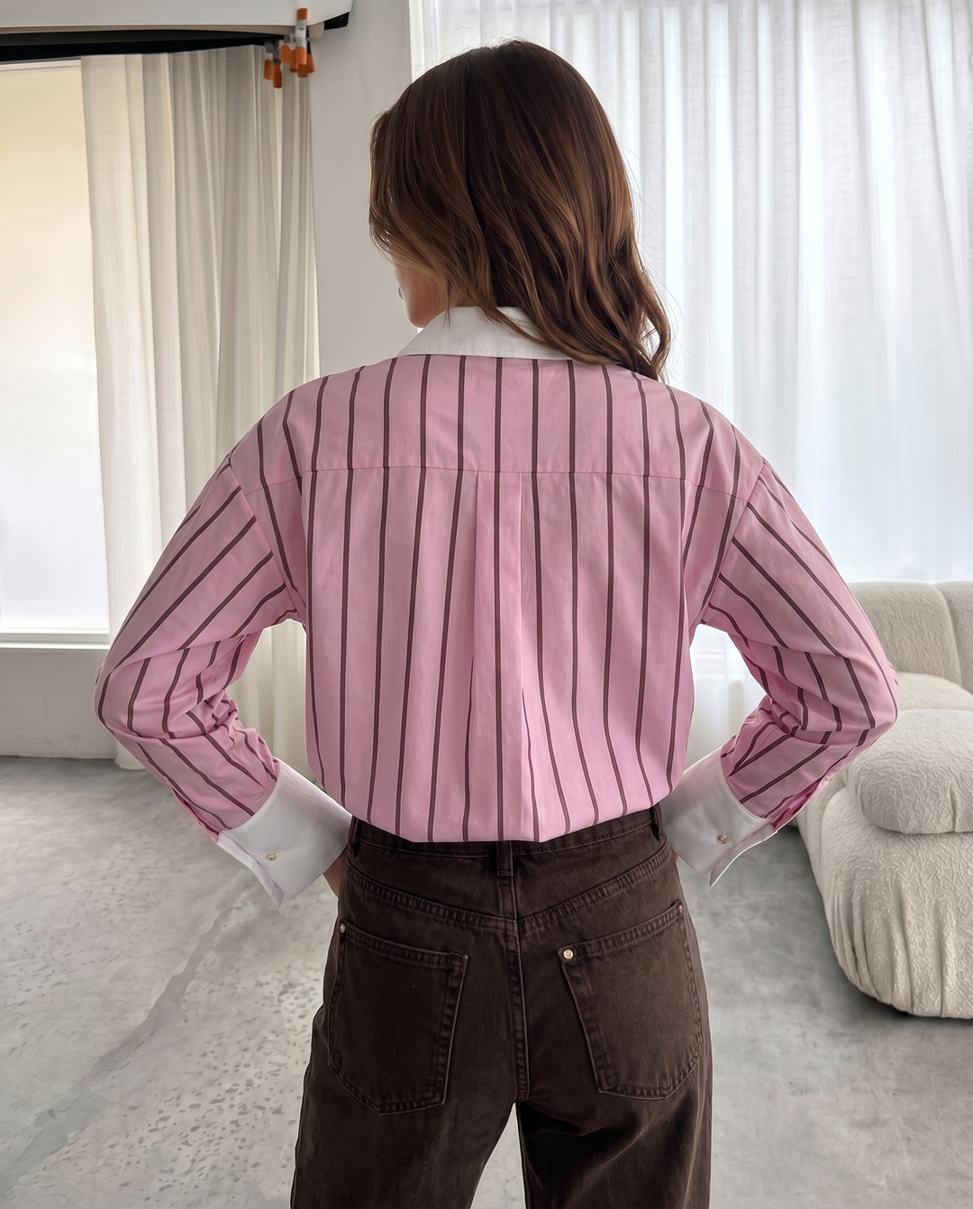 Pink Stripe Contrast White Collar Cuff Oversized Shirt