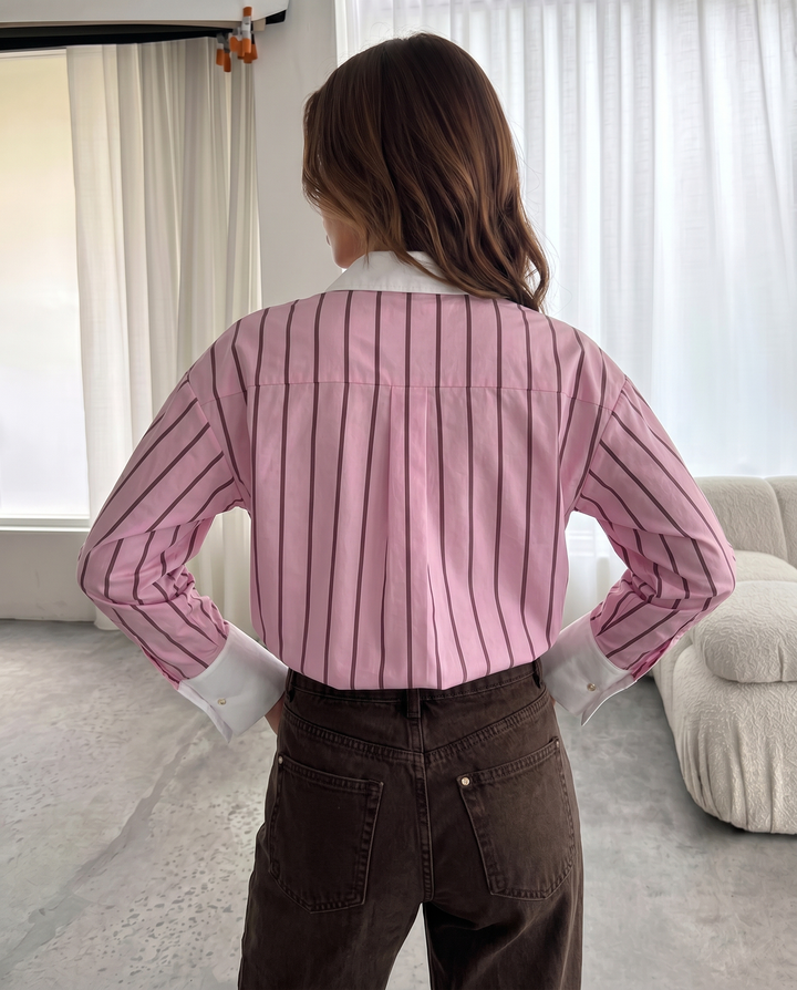 Pink Stripe Contrast White Collar Cuff Oversized Shirt