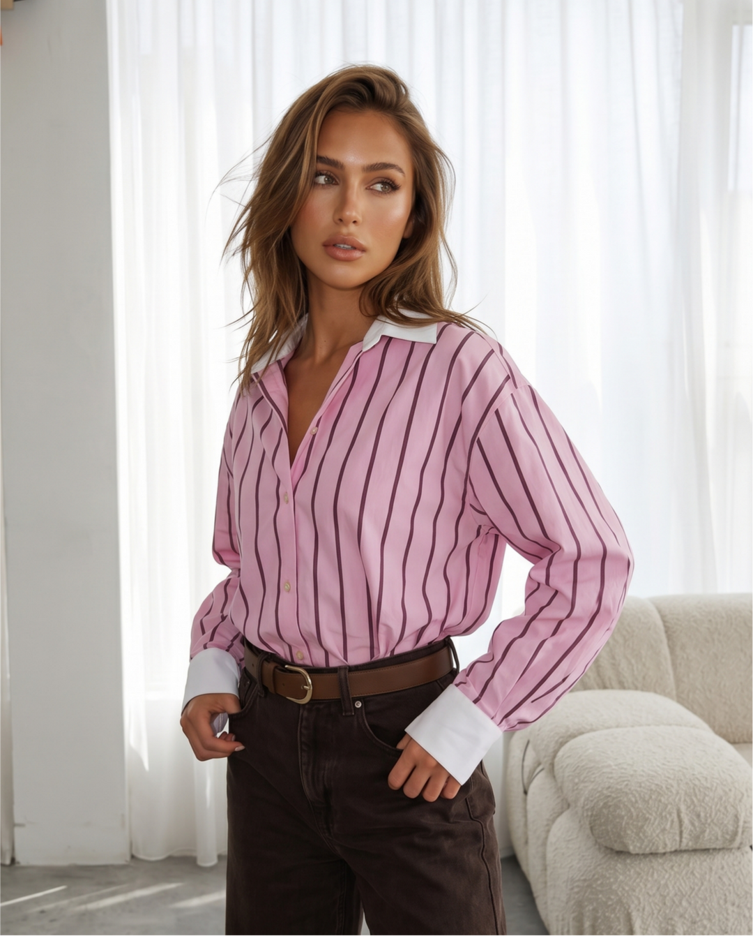 Pink Stripe Contrast White Collar Cuff Oversized Shirt