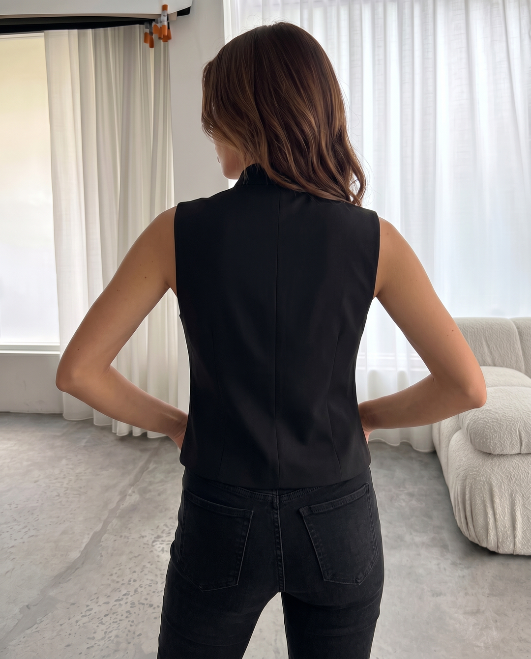 Black Mandarin Collar Frog Button Fitted Sleeveless Vest