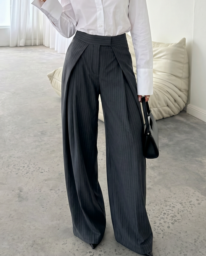 Grey Pinstripe High Waist Fold Pleat Wide Leg Pants
