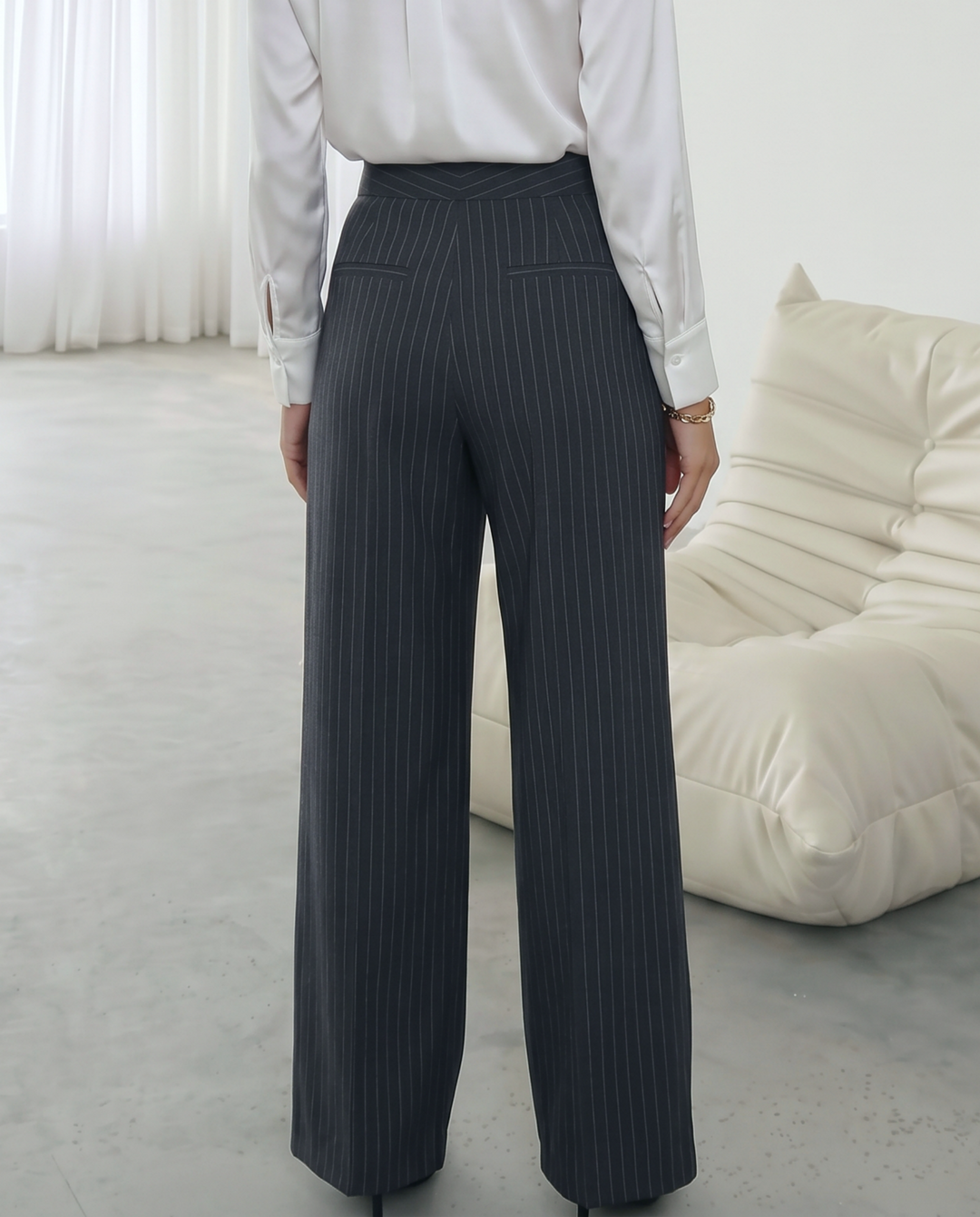 Grey Pinstripe High Waist Fold Pleat Wide Leg Pants