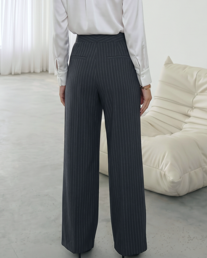 Grey Pinstripe High Waist Fold Pleat Wide Leg Pants