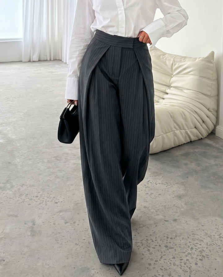 Grey Pinstripe High Waist Fold Pleat Wide Leg Pants