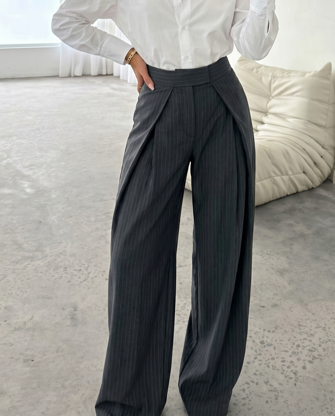 Grey Pinstripe High Waist Fold Pleat Wide Leg Pants