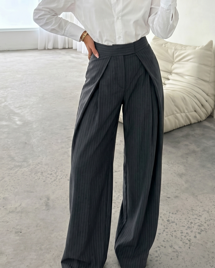 Grey Pinstripe High Waist Fold Pleat Wide Leg Pants