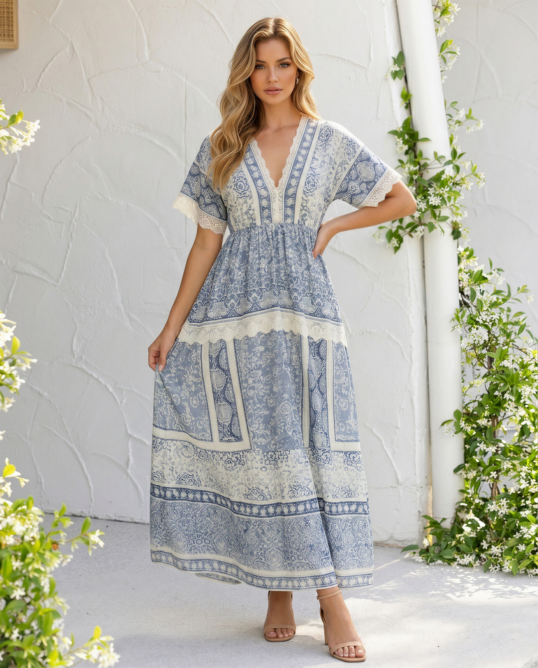 Blue Vintage Patchwork Lace Trim V Neck Maxi Dress