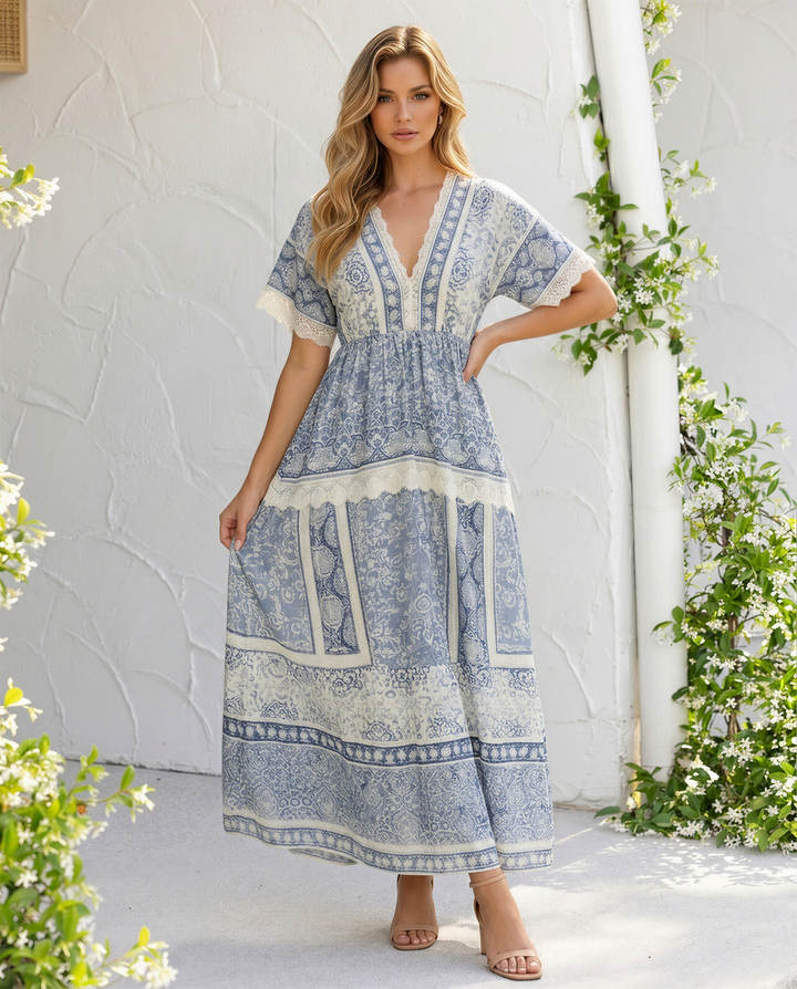 Blue Vintage Patchwork Lace Trim V Neck Maxi Dress