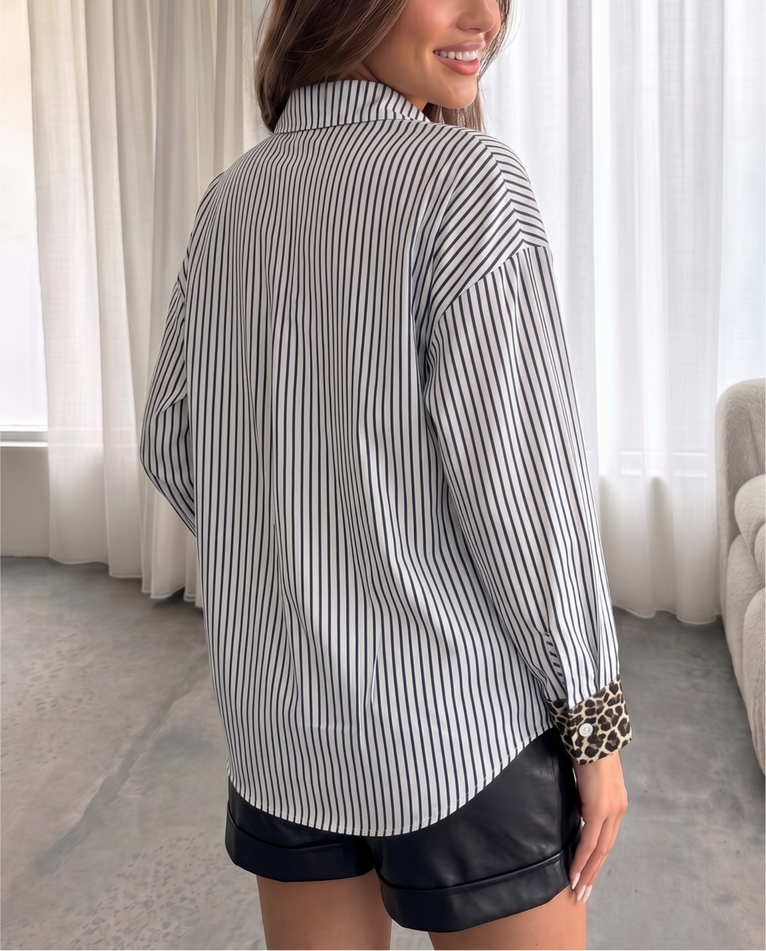 Stripe Leopard Patch Pocket Roll Up Sleeve Oversized Shirt