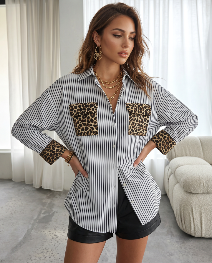 Stripe Leopard Patch Pocket Roll Up Sleeve Oversized Shirt