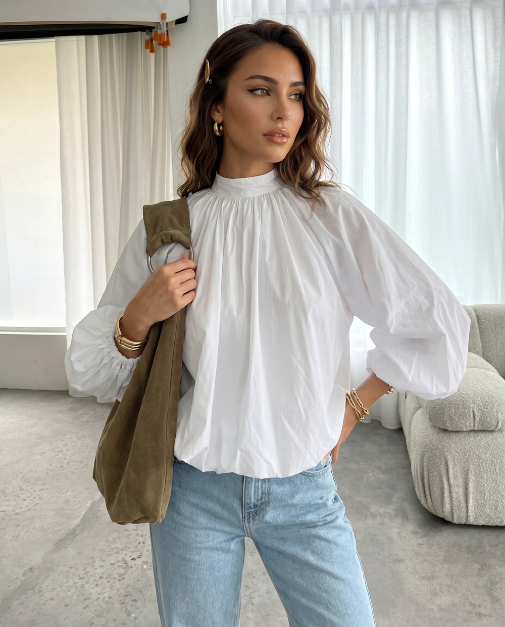 SOLACE  White Gathered Bubble Cuff Lantern Sleeve Blouse 