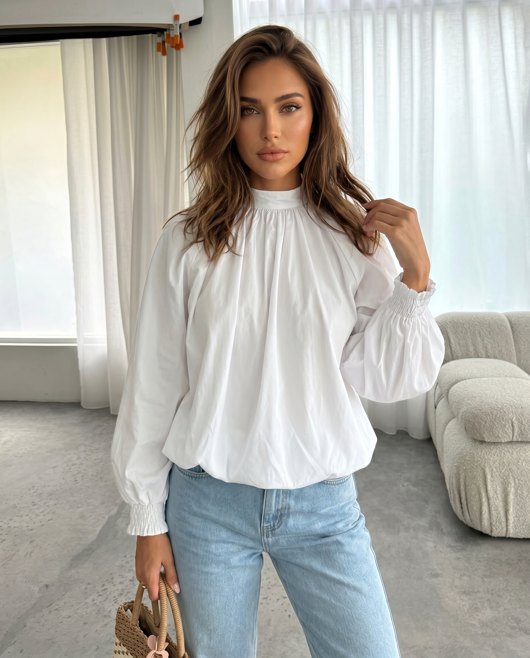 SOLACE  White Gathered Bubble Cuff Lantern Sleeve Blouse 