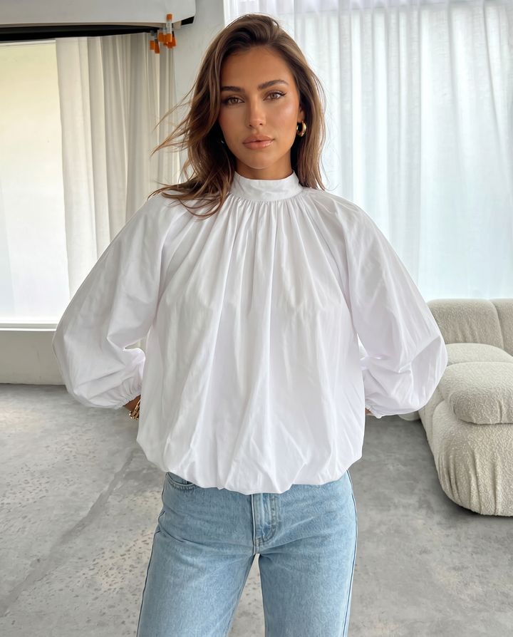 SOLACE  White Gathered Bubble Cuff Lantern Sleeve Blouse 