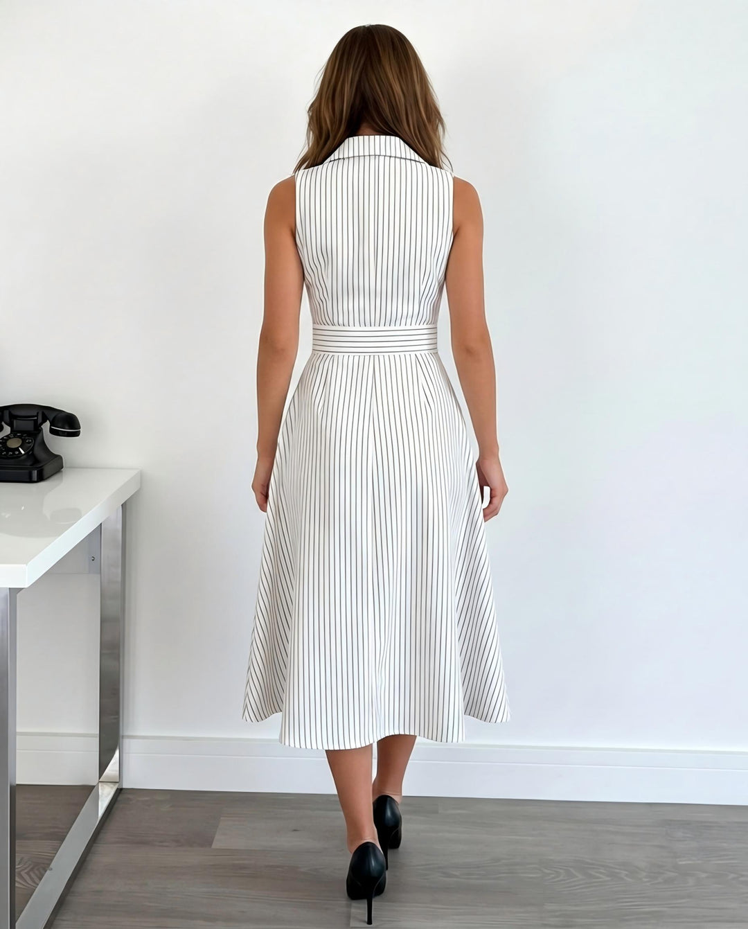 White Black Vertical Stripe Lapel Sleeveless Double Breasted Belted Midi Dress