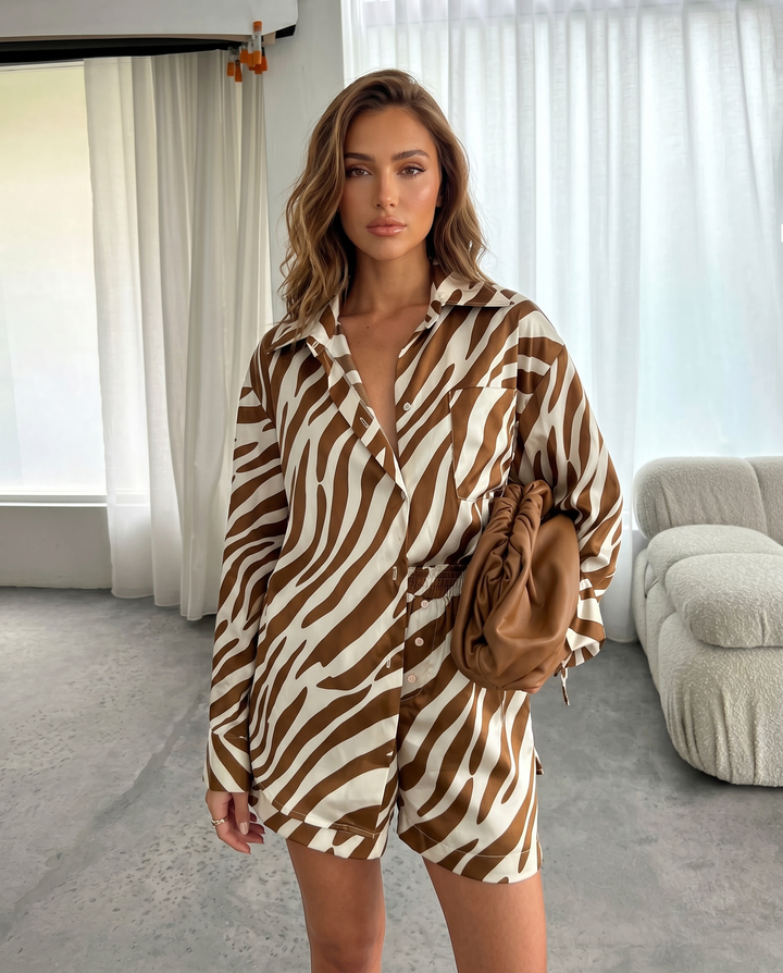 Brown Zebra Print Oversized Shirt Elastic Waist Shorts Set