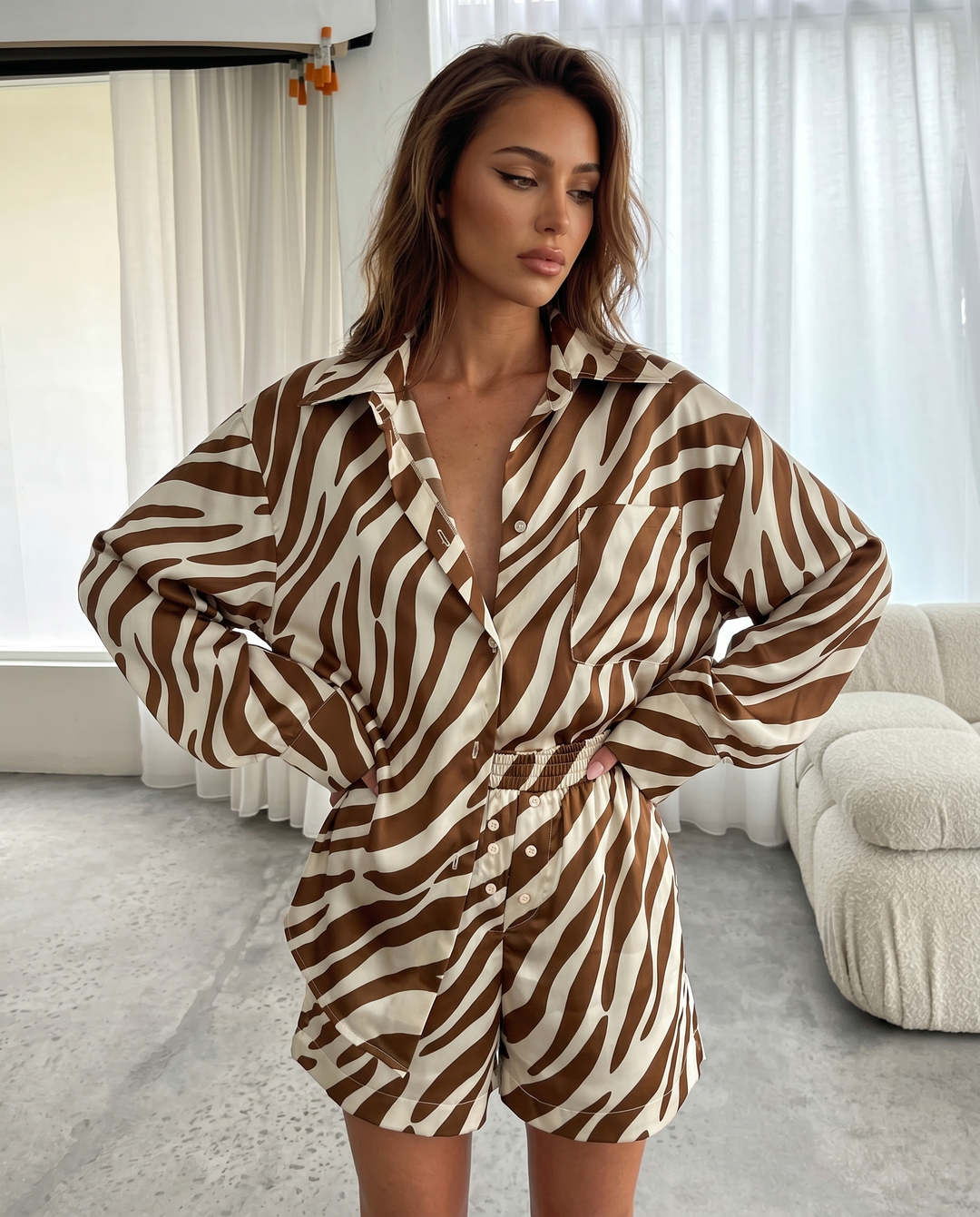Brown Zebra Print Oversized Shirt Elastic Waist Shorts Set