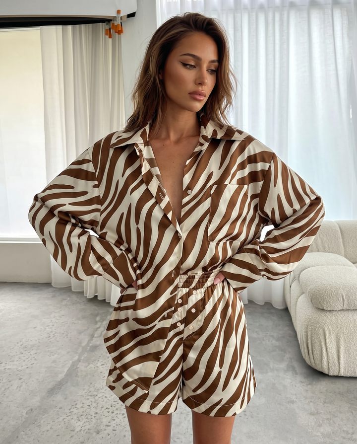 Brown Zebra Print Oversized Shirt Elastic Waist Shorts Set