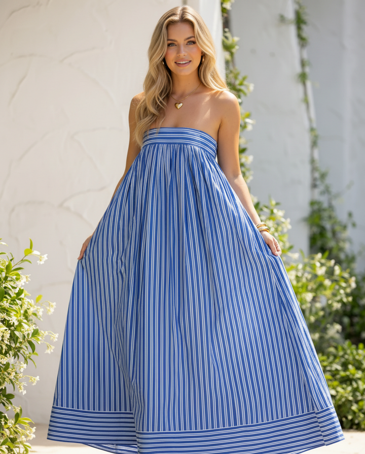 Blue White Stripe Strapless Bandeau Loose Flowy Maxi Dress