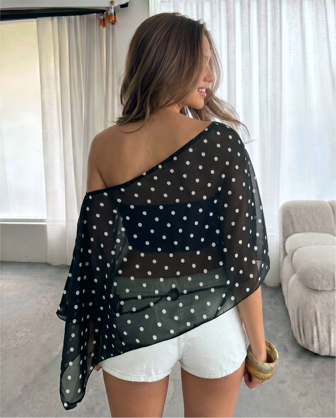 Black Polka Dot Sheer Asymmetrical One Shoulder Top