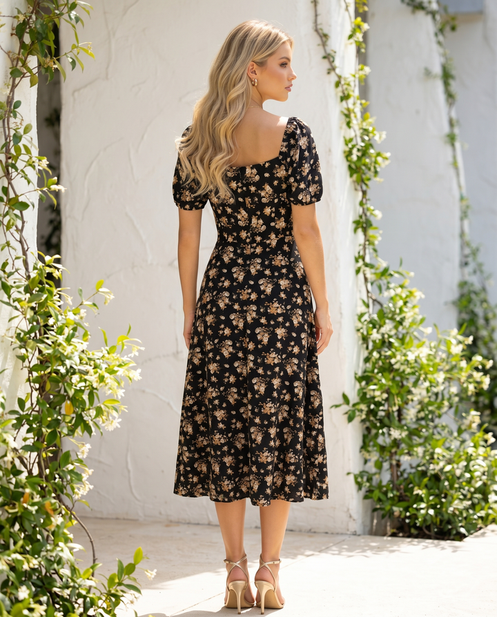 Black Yellow Ditsy Floral Square Neck Puff Sleeve High Slit Maxi Dress
