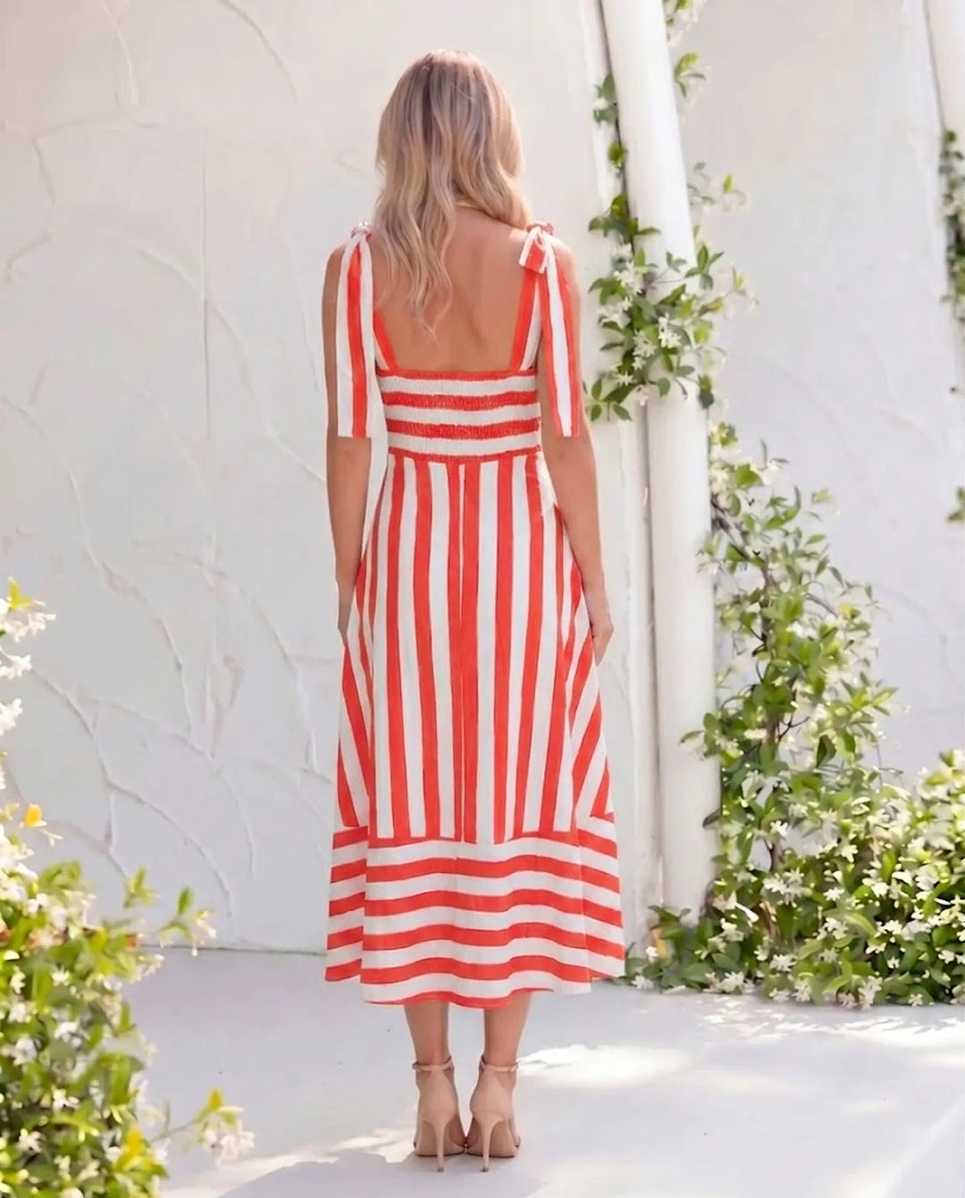 SOLACE  Blue Stripe Print Tie Shoulder Square Neck A-Line Midi Dress 