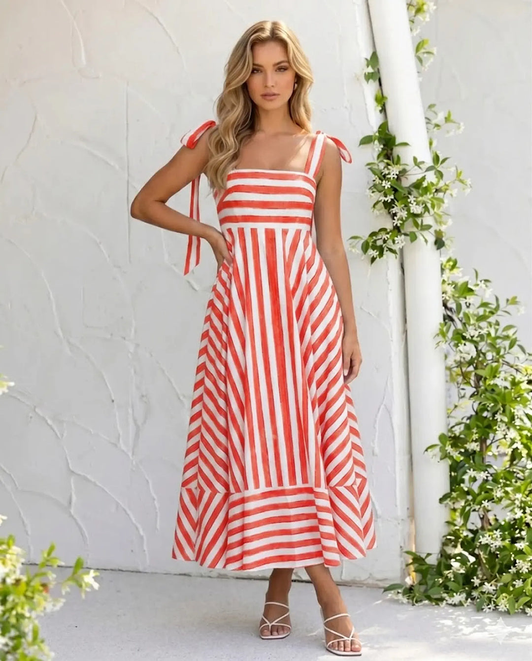 SOLACE  Blue Stripe Print Tie Shoulder Square Neck A-Line Midi Dress 
