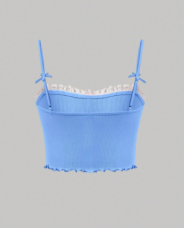 Light Blue Ribbed Lace Trim Bow Accent Cropped Camisole