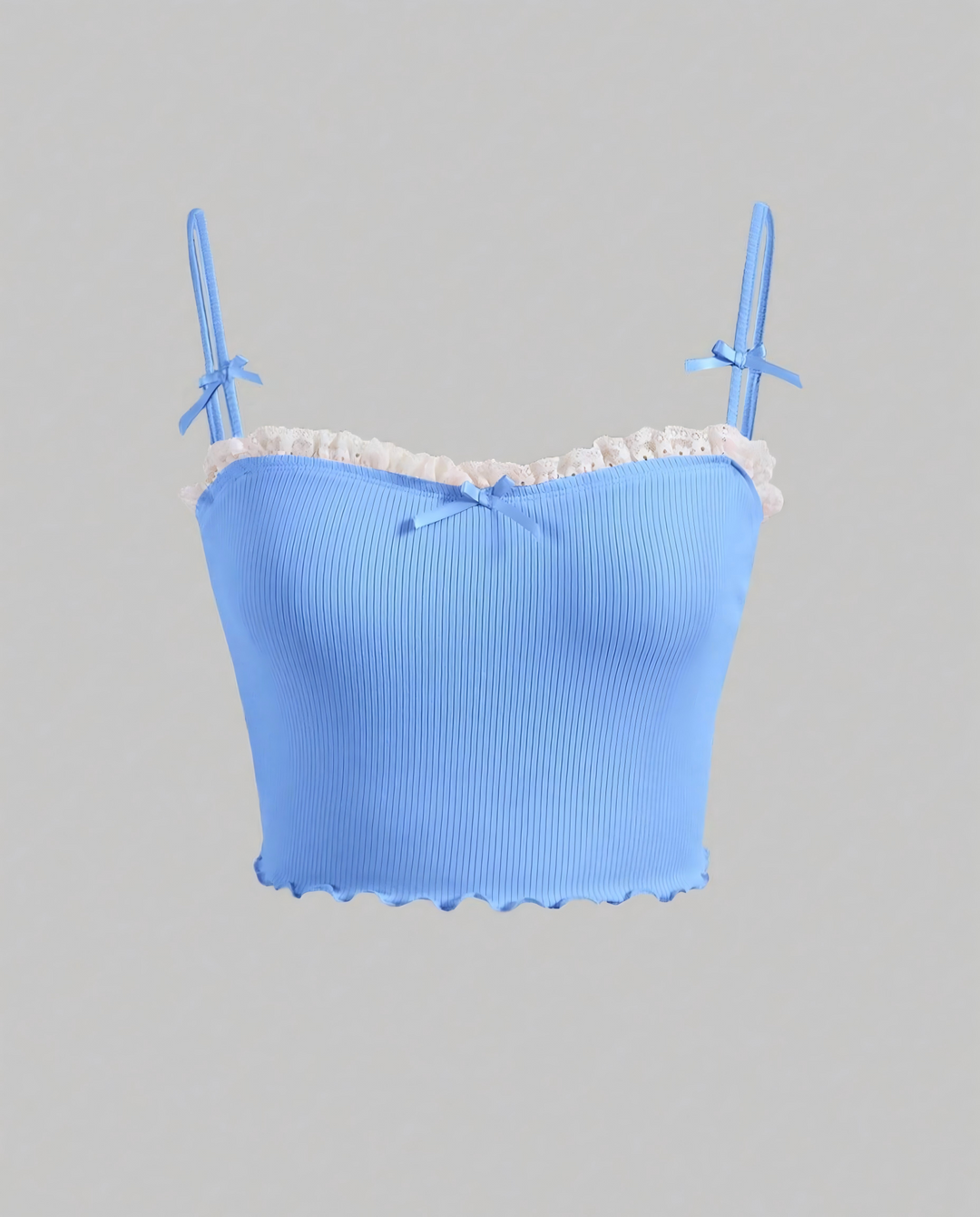 Light Blue Ribbed Lace Trim Bow Accent Cropped Camisole