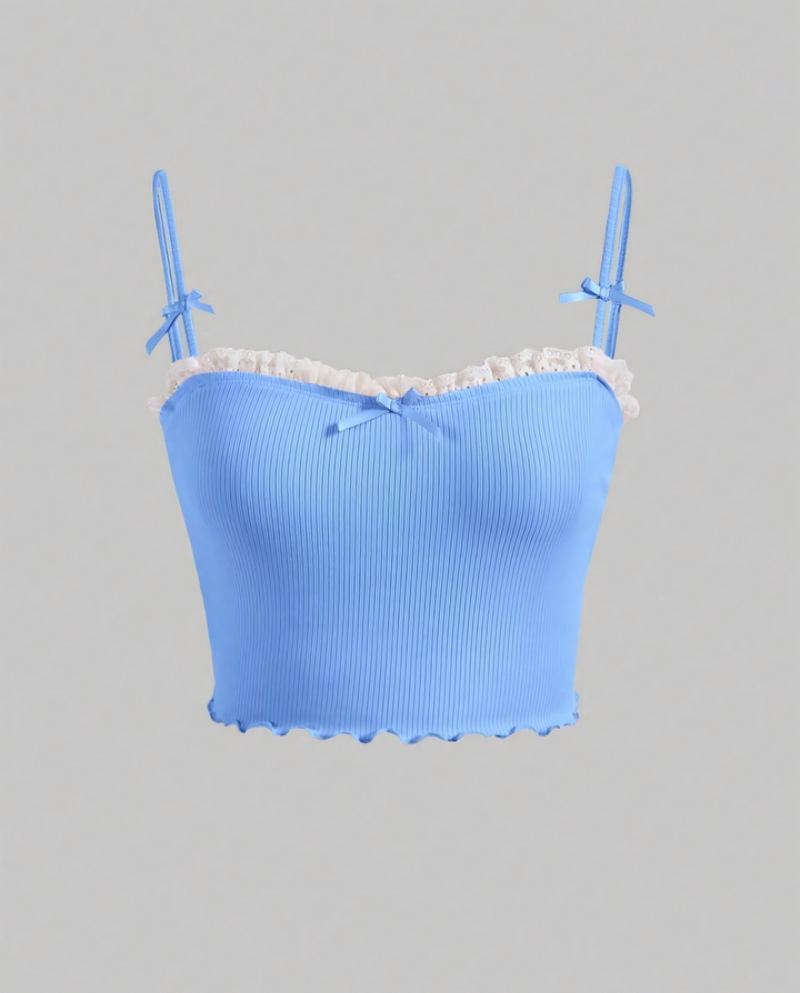 Light Blue Ribbed Lace Trim Bow Accent Cropped Camisole