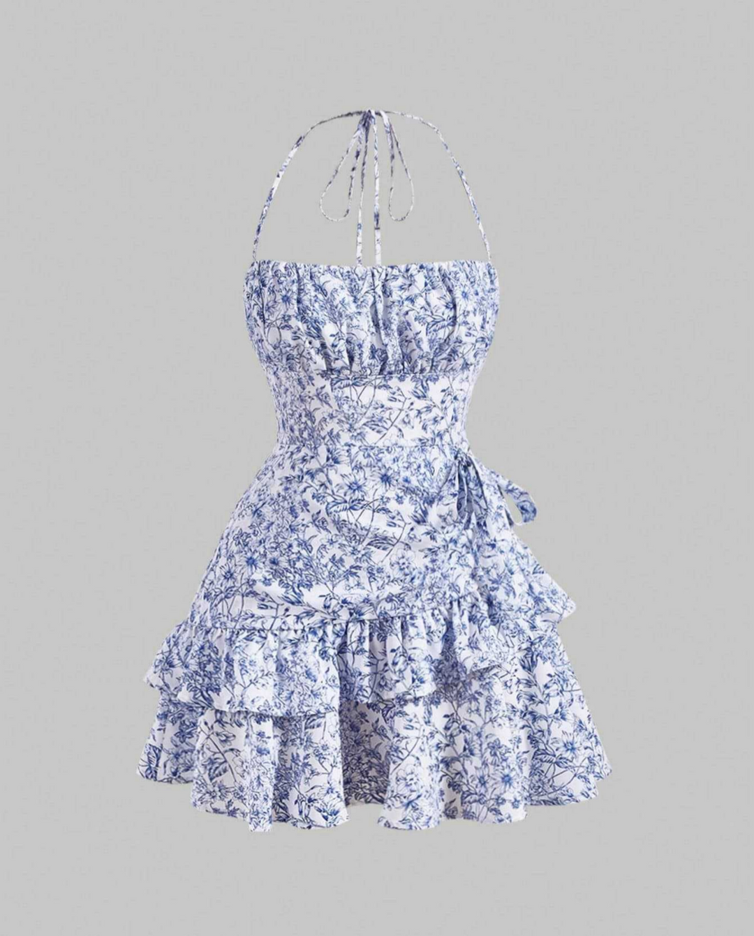 White Blue Floral Sketch Print Halter Side Tie Tiered Ruffle Mini Dress