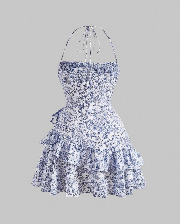 White Blue Floral Sketch Print Halter Side Tie Tiered Ruffle Mini Dress