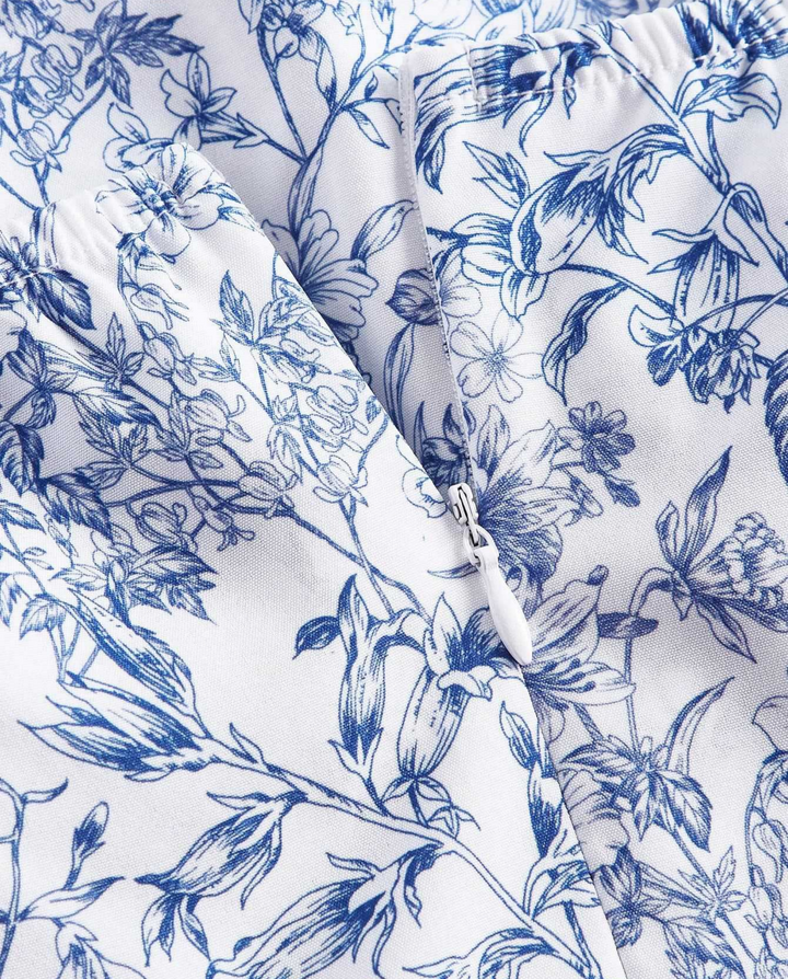 White Blue Floral Sketch Print Halter Side Tie Tiered Ruffle Mini Dress