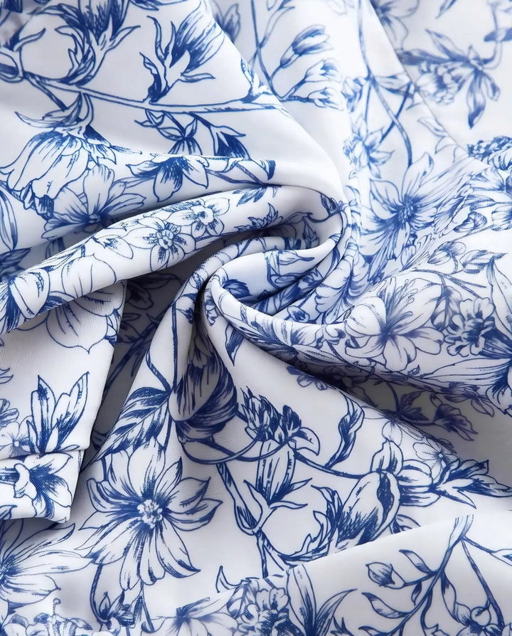 White Blue Floral Sketch Print Halter Side Tie Tiered Ruffle Mini Dress
