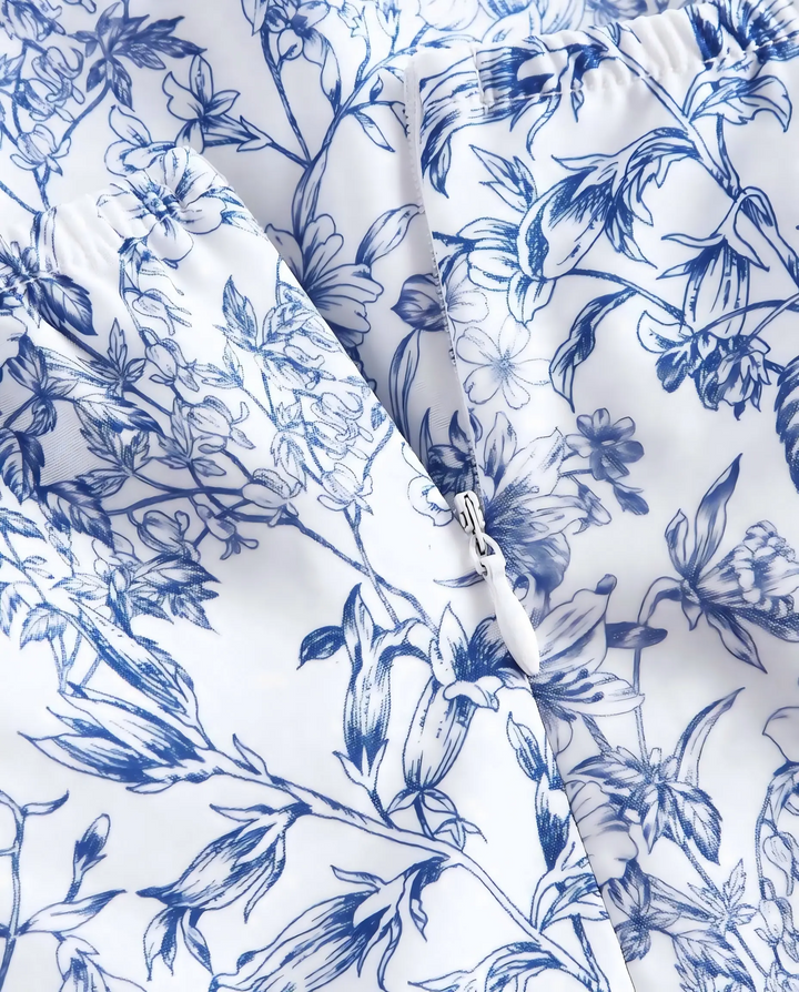 White Blue Floral Sketch Print Halter Side Tie Tiered Ruffle Mini Dress