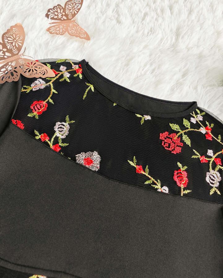 Black Floral Embroidery Sheer Mesh Round Neck Long Sleeve Bodysuit
