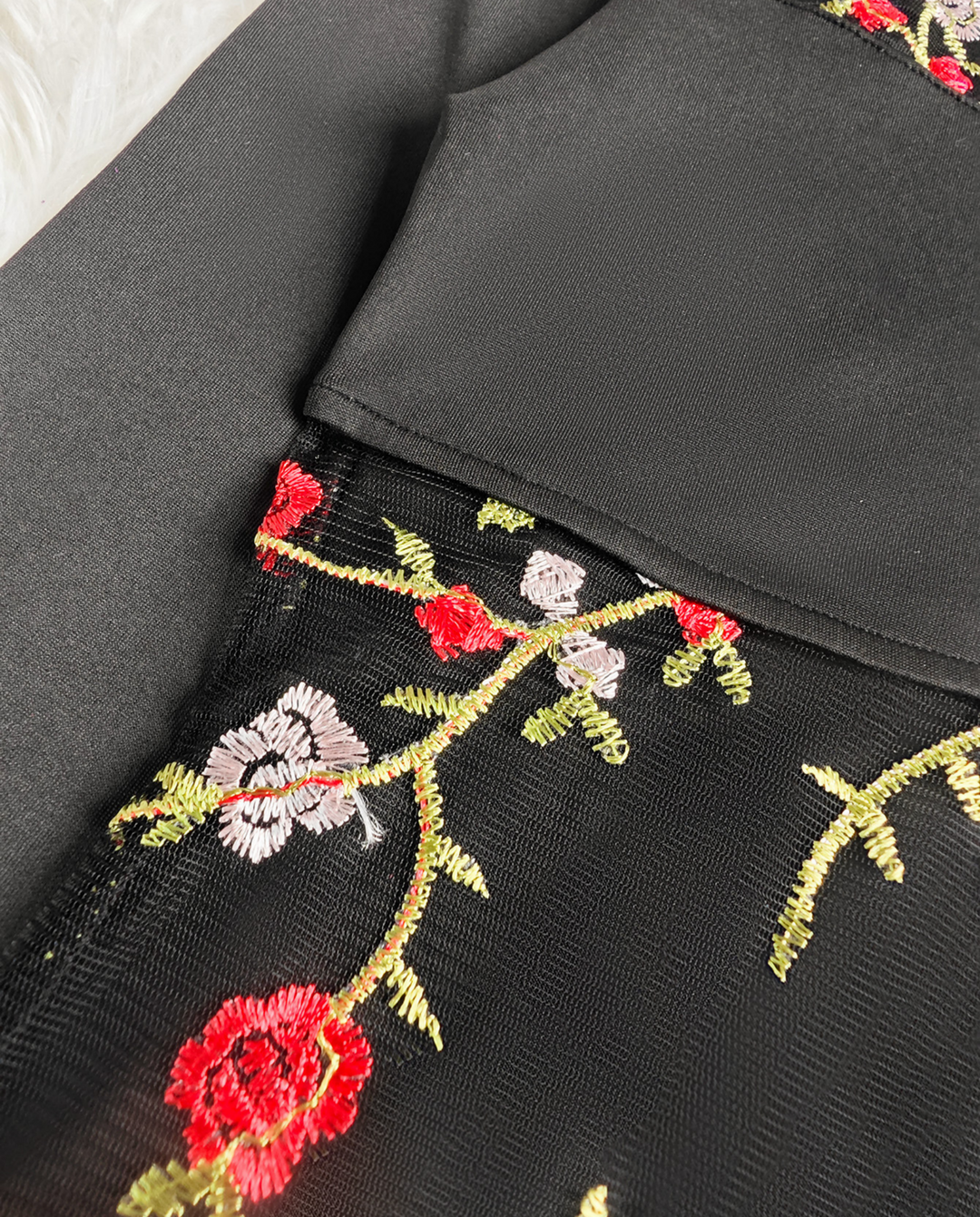 Black Floral Embroidery Sheer Mesh Round Neck Long Sleeve Bodysuit