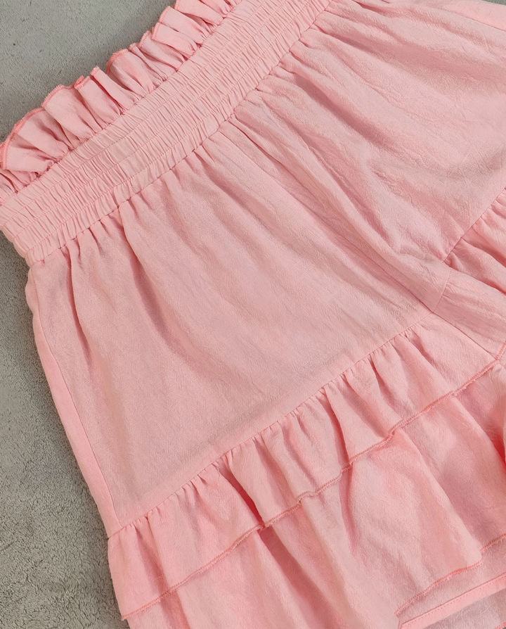 SOLACE  Pink Paperbag Waist Double Tier Ruffle Flow Shorts 