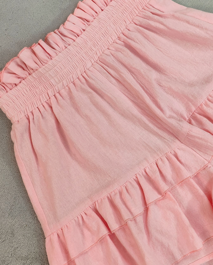 Pink Paperbag Waist Double Tier Ruffle Flow Shorts