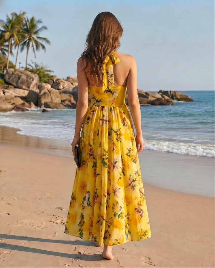 Yellow Floral Print Halter V Neck A-Line Maxi Dress