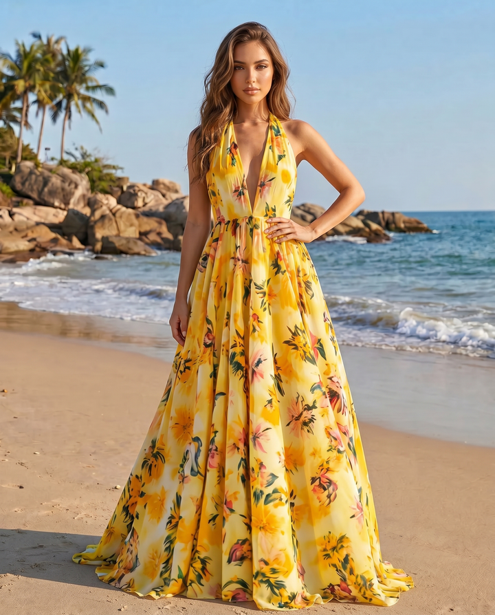 Yellow Floral Print Halter V Neck A-Line Maxi Dress