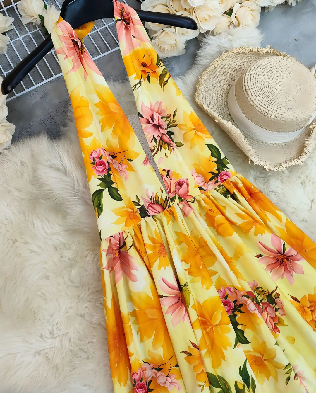 Yellow Floral Print Halter V Neck A-Line Maxi Dress