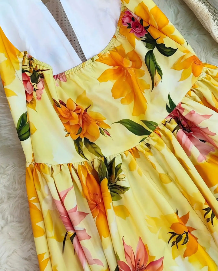 Yellow Floral Print Halter V Neck A-Line Maxi Dress