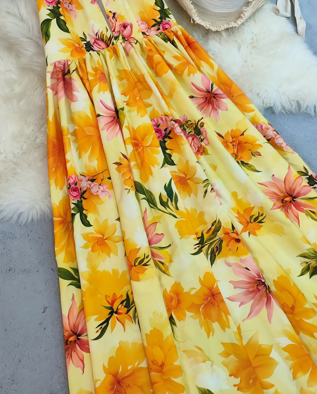 Yellow Floral Print Halter V Neck A-Line Maxi Dress