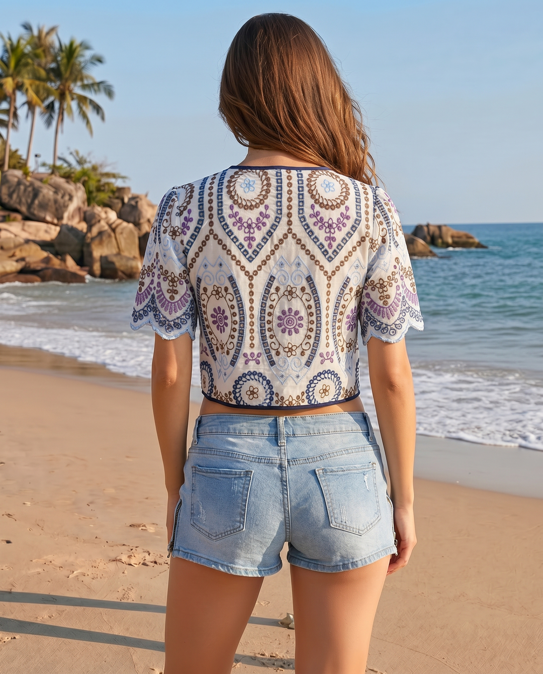 Off-White Multicolor Floral Embroidered Tie-Front Kimono Top