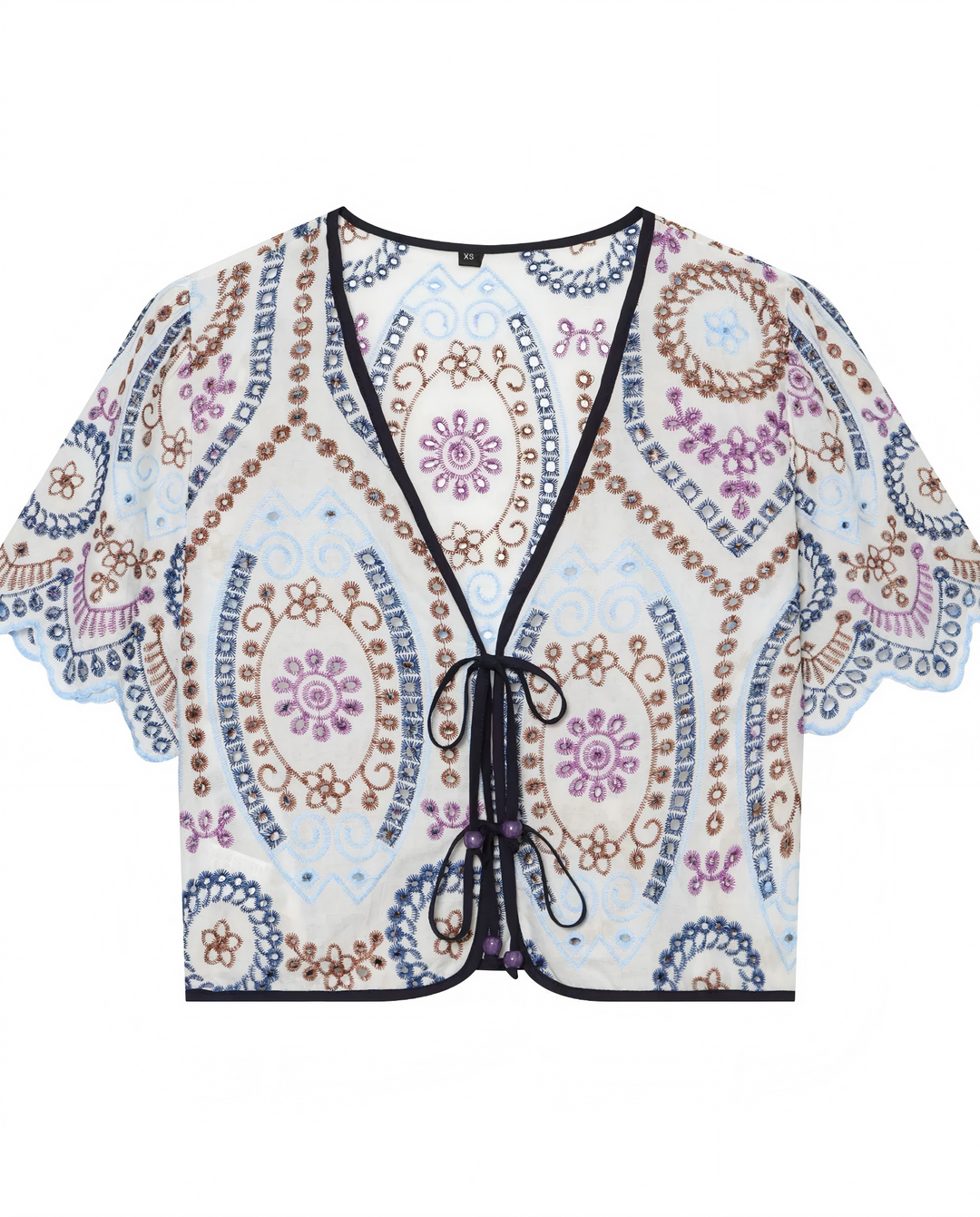 Off-White Multicolor Floral Embroidered Tie-Front Kimono Top